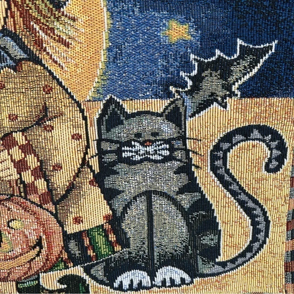 Vintage Halloween Scarecrow Cat Tapestry Placemat Set Pumpkins Cats Bats Stars
